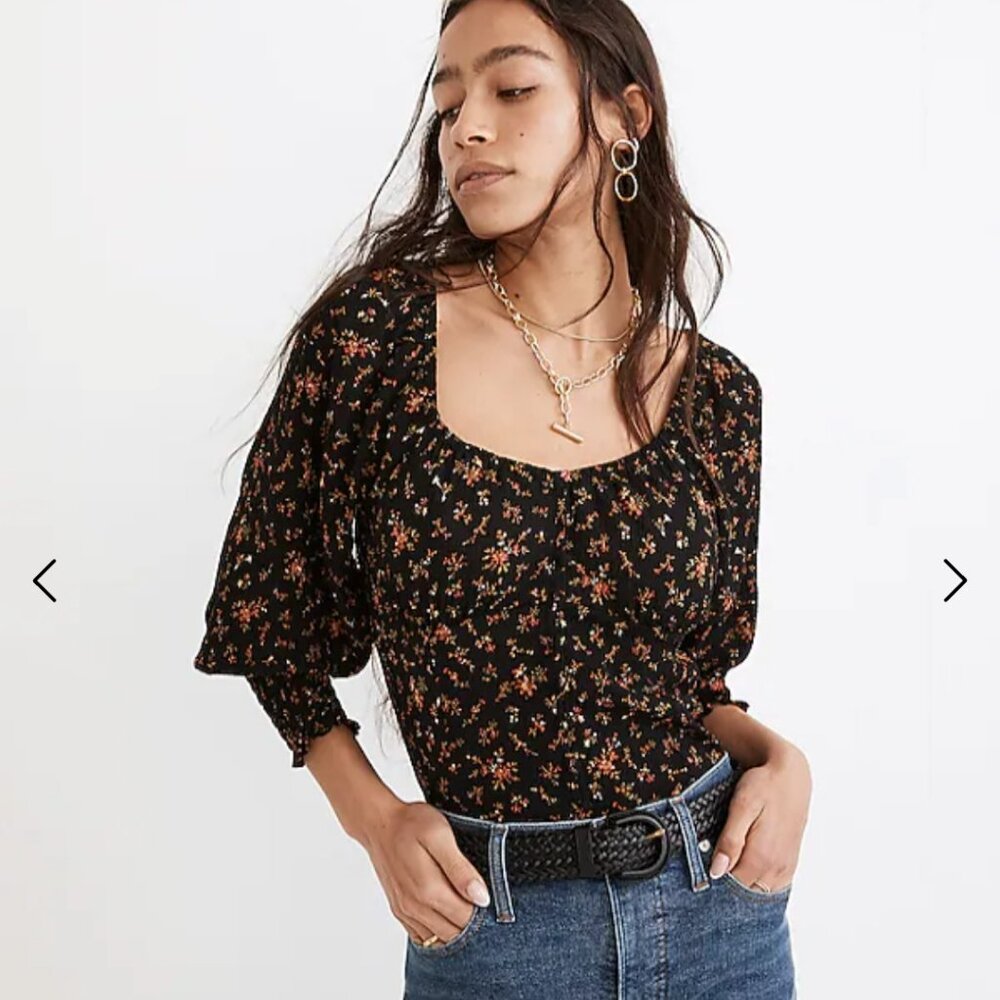 Sz 4 Madewell Kirstie Sweetheart Top in Fresh Sprigs Smocked Cuffs Fall